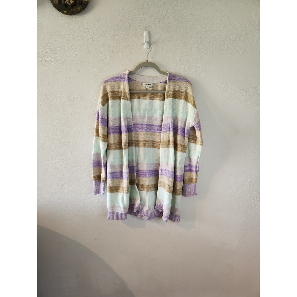 Orvis Cardigan Sweater Womens Small Pastel Striped Linen Tight Knit Open Front